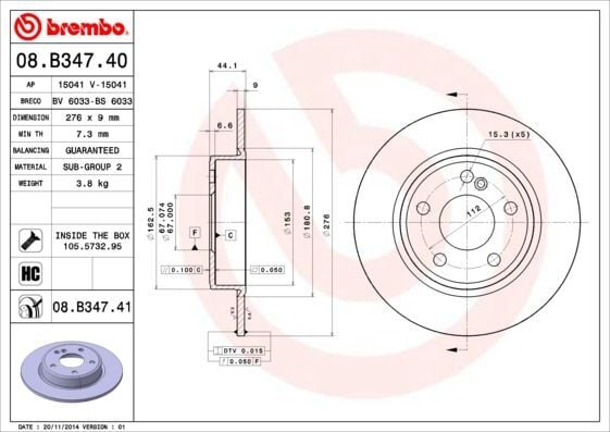 BREMBO 08.B347.40 | Fren Diski Arka (Mercedes A Serisi (W176) / B Serisi W246) | 2 Adet