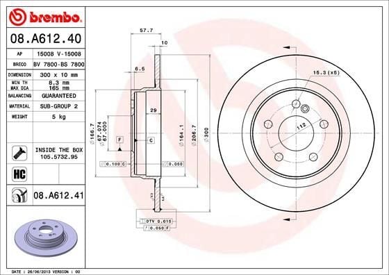 BREMBO 08.A612.41 | Mercedes W204 W205 Arka Fren Diski Kaplamalı Takım